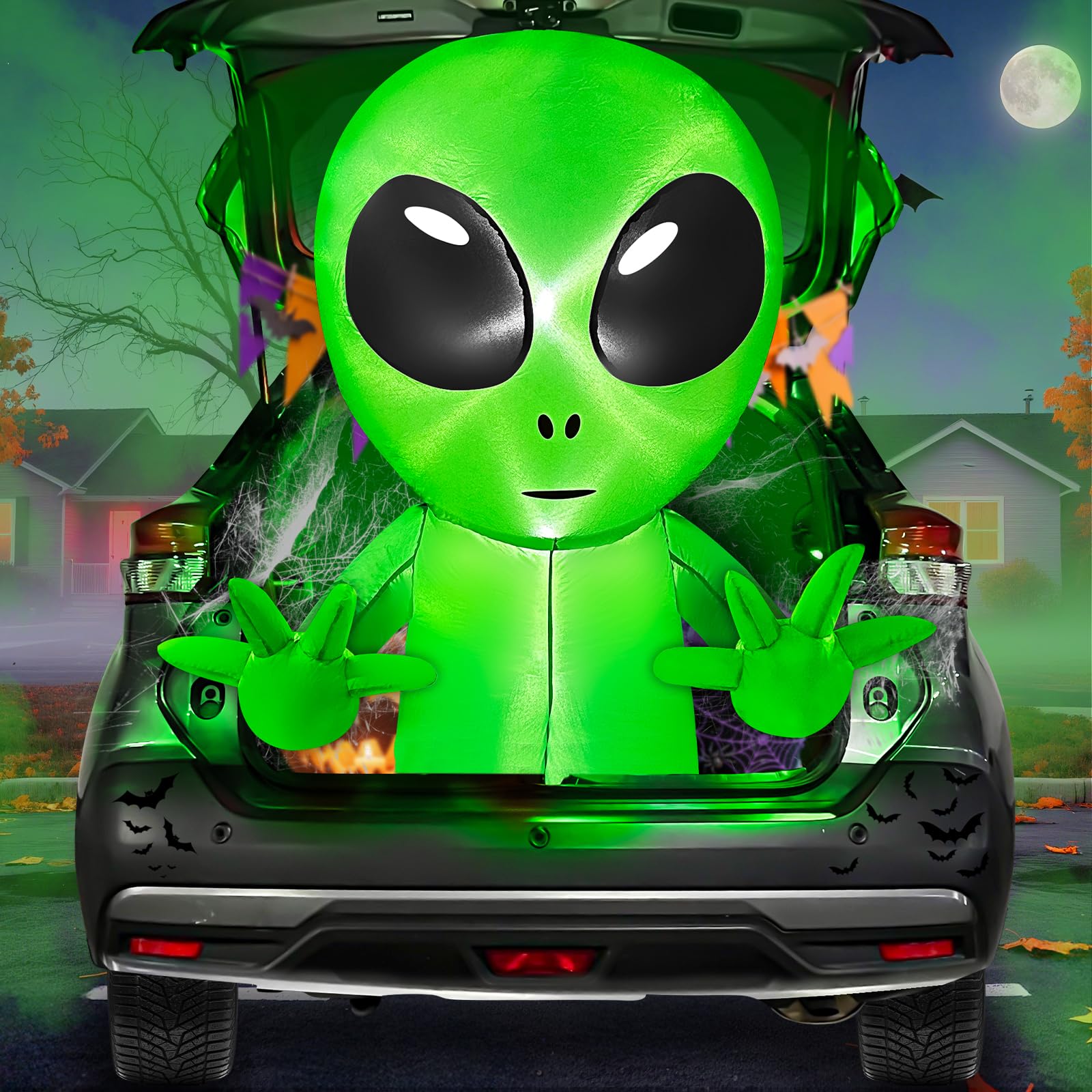 Photo 1 of 3.5 Ft Halloween Inflatable Alien Trunk Or Treat Car Decoration with Built-in LEDs, Halloween Blow Up Alien Broke Out from Car Decoration Outdoor Yard Decor