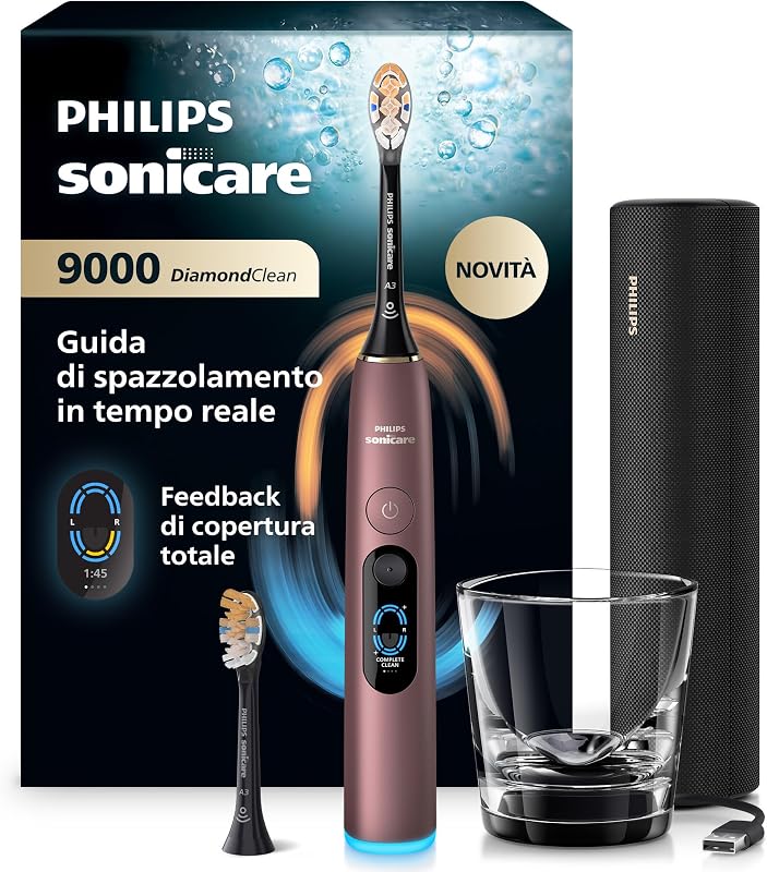 Sonicare Next-Generation DiamondClean 9000 Spazzolino elettrico - con Feedback di copertura totale, Feedback di pressione, 21 impostazioni, viola satinato, HX9214/85