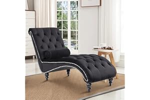 DecoraFlex Tufted Chaise Lounge Chair Indoor, Velvet Chaise Lounges with Solid Wood Legs & Support Pillow, Upholstered Couch for Bedroom Living Room Office, Leisure Sofa Recliner(Black)