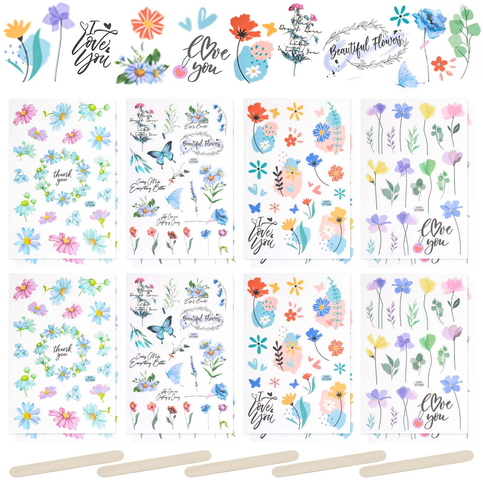 WANDIC 16 Sheets Floral Stickers, Flower Pattern Decor for Scrapbook, Notebook, Journal, Water Bottle, Laptop, Phone