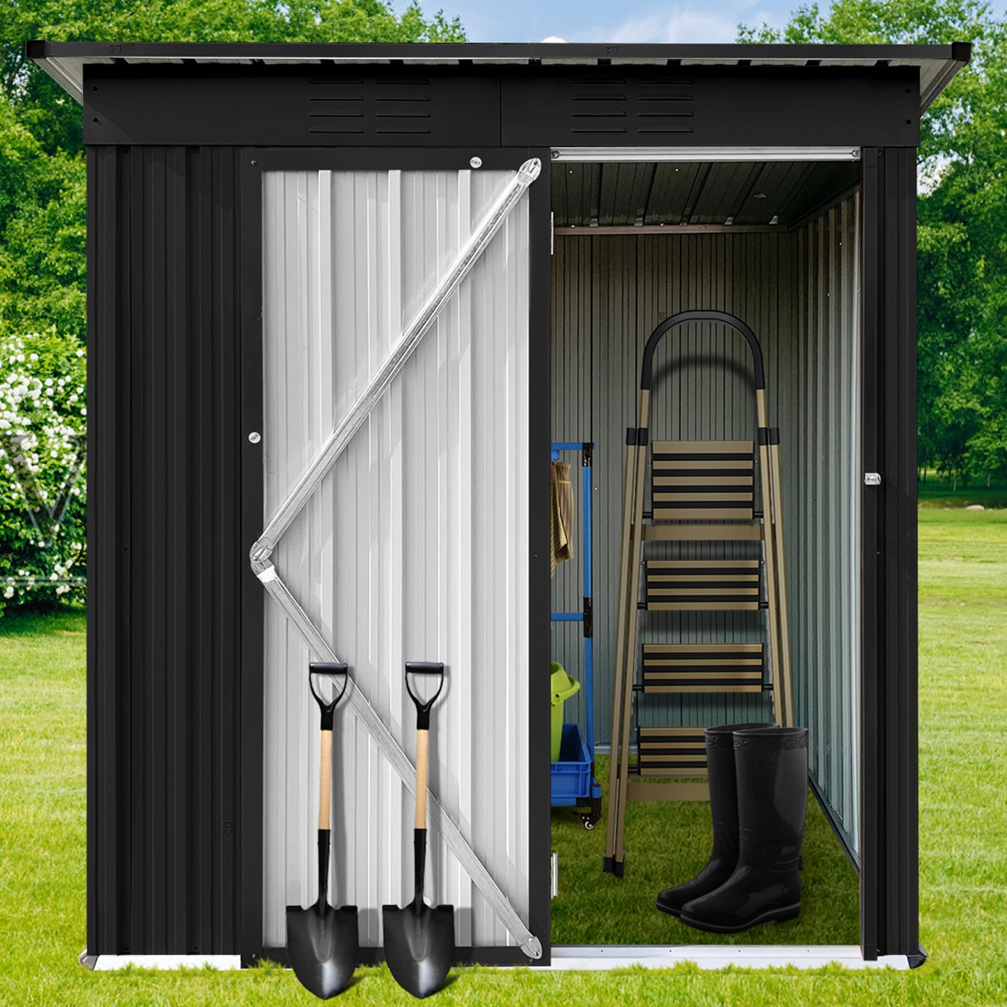 Photo 1 of **SELLING FOR PARTS AS PARTIAL SET**WRTEYEUI 5x4FT Shed Outdoor Storage Shed, Metal Tool Shed with Waterproof Roof and Lockable Door, Garden Shed for Backyard Patio Lawn, Black