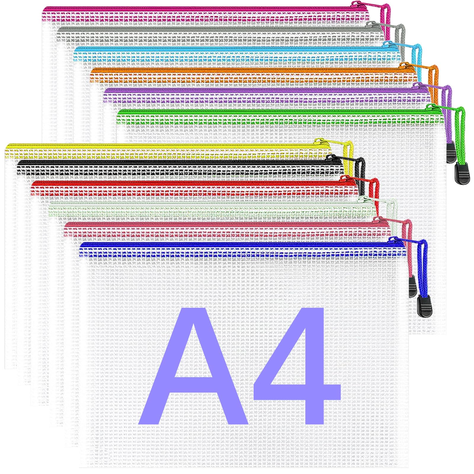GESDYO 12 Pcs A4 Plastic Zip Wallets Clear Plastic Wallets Mesh Bag with Zip for Documents Suitable for School, Office, Travel, Home, All Kinds of Document Storage