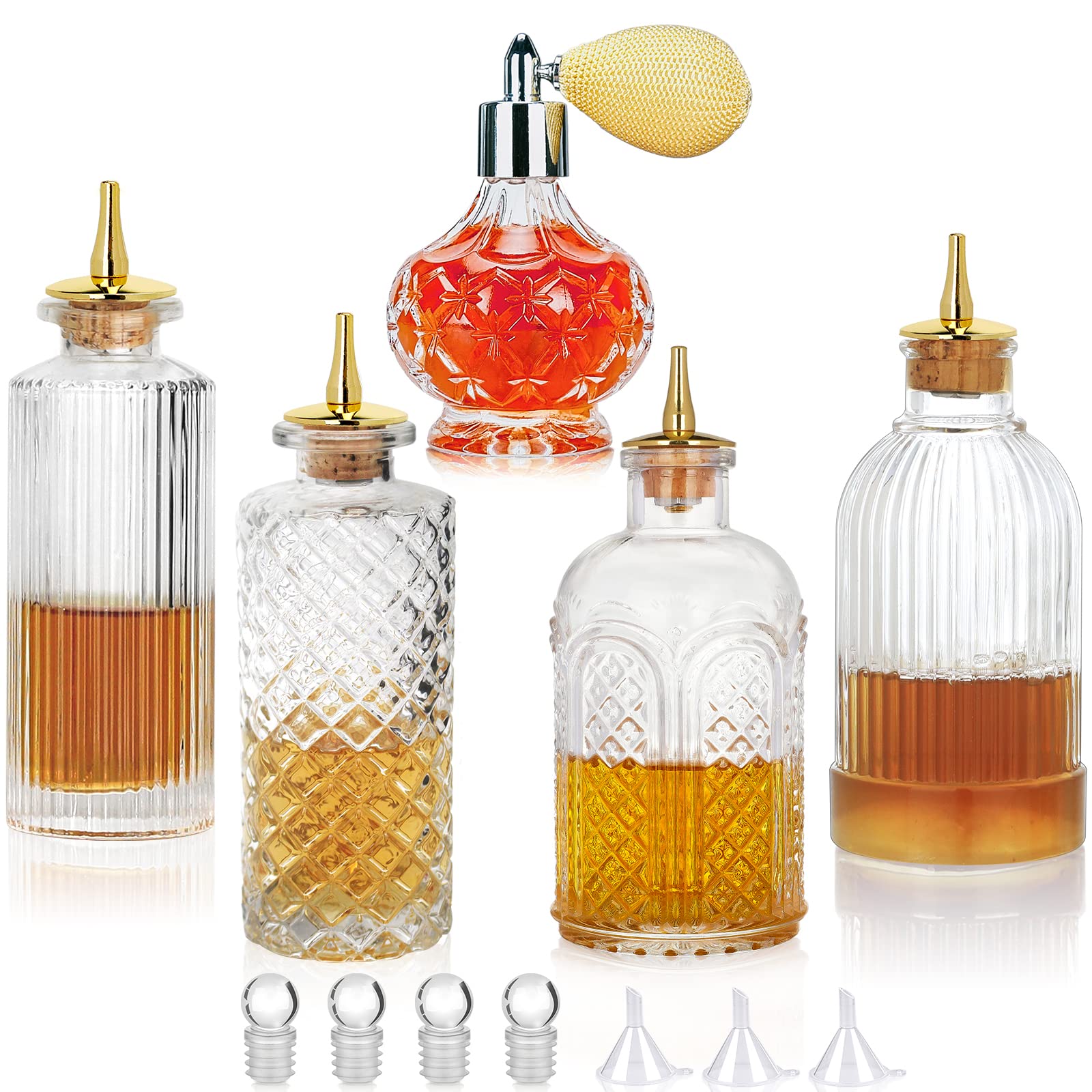 SuproBarware Bitters Bottle 5pcs Glass Dash Bottle Set for Vermouth Sprayer Atomizer Gold Plated Zinc Alloy Dasher Top, Decorative Bottle, for Cocktail and Display