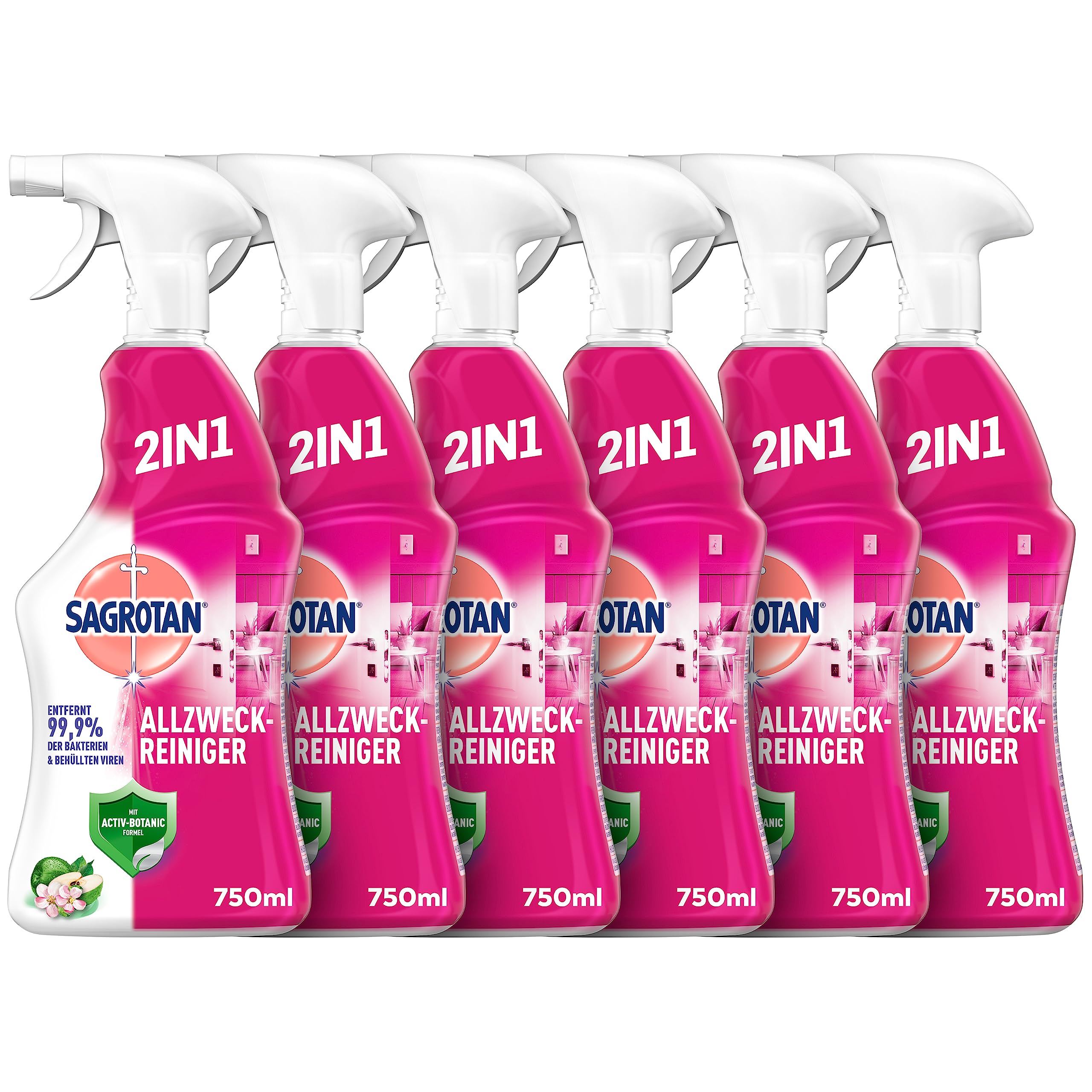 Sagrotan Allzweck-Reiniger – 2in1 Desinfektionsmittel für die zuverlässige Reinigung von Oberflächen – 6 x 750 ml Sprühflasche