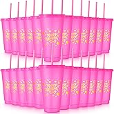 Hsei 24 Pcs Valentine's Day 24 oz Plastic Cups with Lids and Straws Reusable Glitter Tumblers Cups Travel Mug Bulk for Valentines Galentines Cold Drinks Birthday Wedding Coffee Party Favor(Hot Pink)