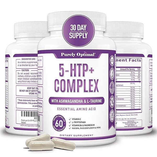 PREMIUM 5-HTP PLUS SUPPLEMENT 250MG MAXIMUM STRENGTH – SLEEP AID, MOOD BOOST, PROMOTES CALM & RELAXATION, STRESS MANAGEMENT SUPPORT – ENHANCED WITH VITAMIN B6, GLUTEN FREE, NON-GMO, 60 VEGGIE CAPS