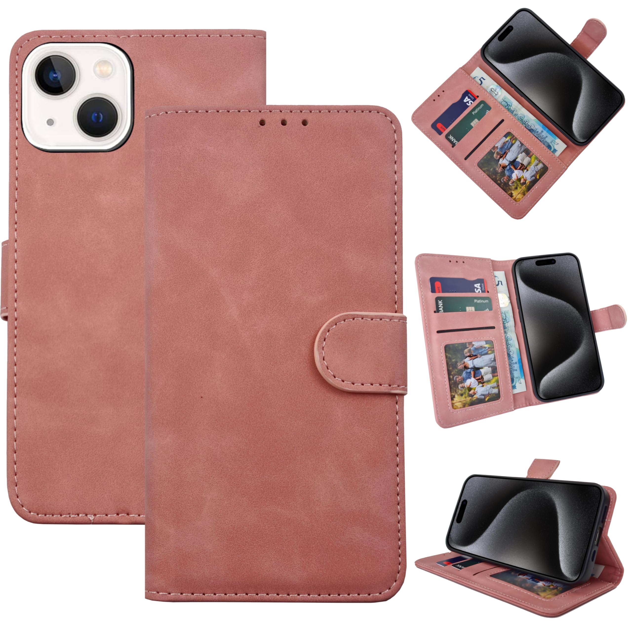 EKAM Case for iPhone 15 (6.1") 2023, Premium PU Leather Wallet Case Flip Phone Cover With [RFID Blocking][Card Holder][Shockproof TPU][Stand Function] Book Style Case for iPhone 15 (Rose Gold)