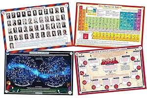 Tot Talk Educational Placemats for Teens- Set of 4 Table Mats: Presidents, Periodic Table, U.S Constitution, Constellations- Reversible Activities- Waterproof, Washable, Wipeable, Durable, USA-Made