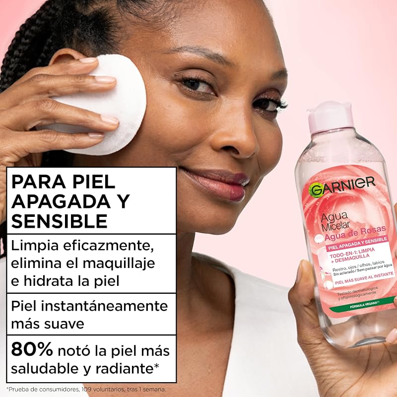 Garnier skin active micellar water com rose water para peles baças e sensíveis, remove a maquilhagem, limpa e ilumina num único gesto, adequado para rosto, lábios e olhos, incolor, 400 ml