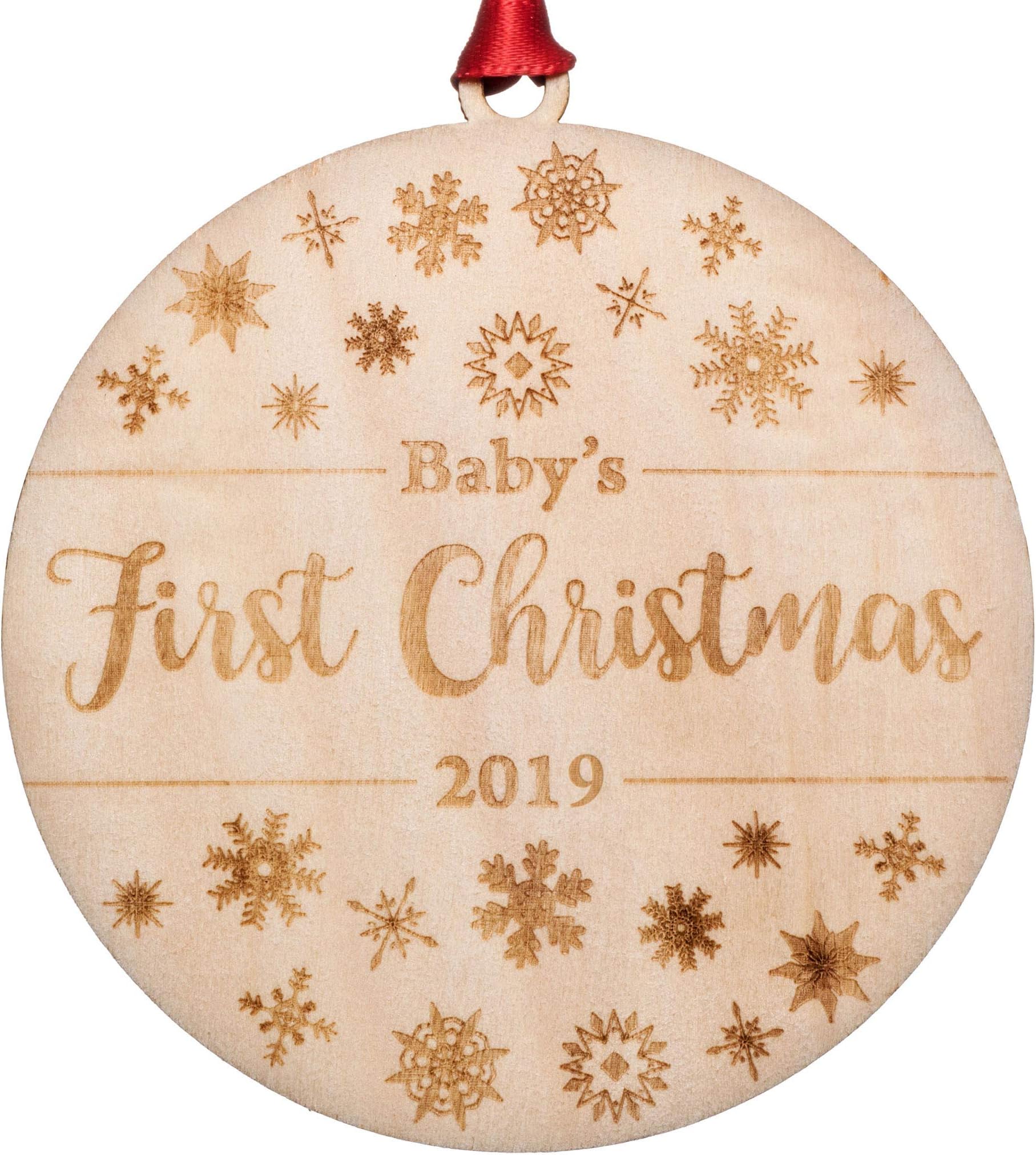 Babyโs First Christmas Ornament 2019 | Engraved Flat Wood, Perfect Christmas Gift For Family With New Baby, Unique Gift For Christmas For Newborn, Mom, Dad, Perfect As Stocking Stuffer Or Baby Shower