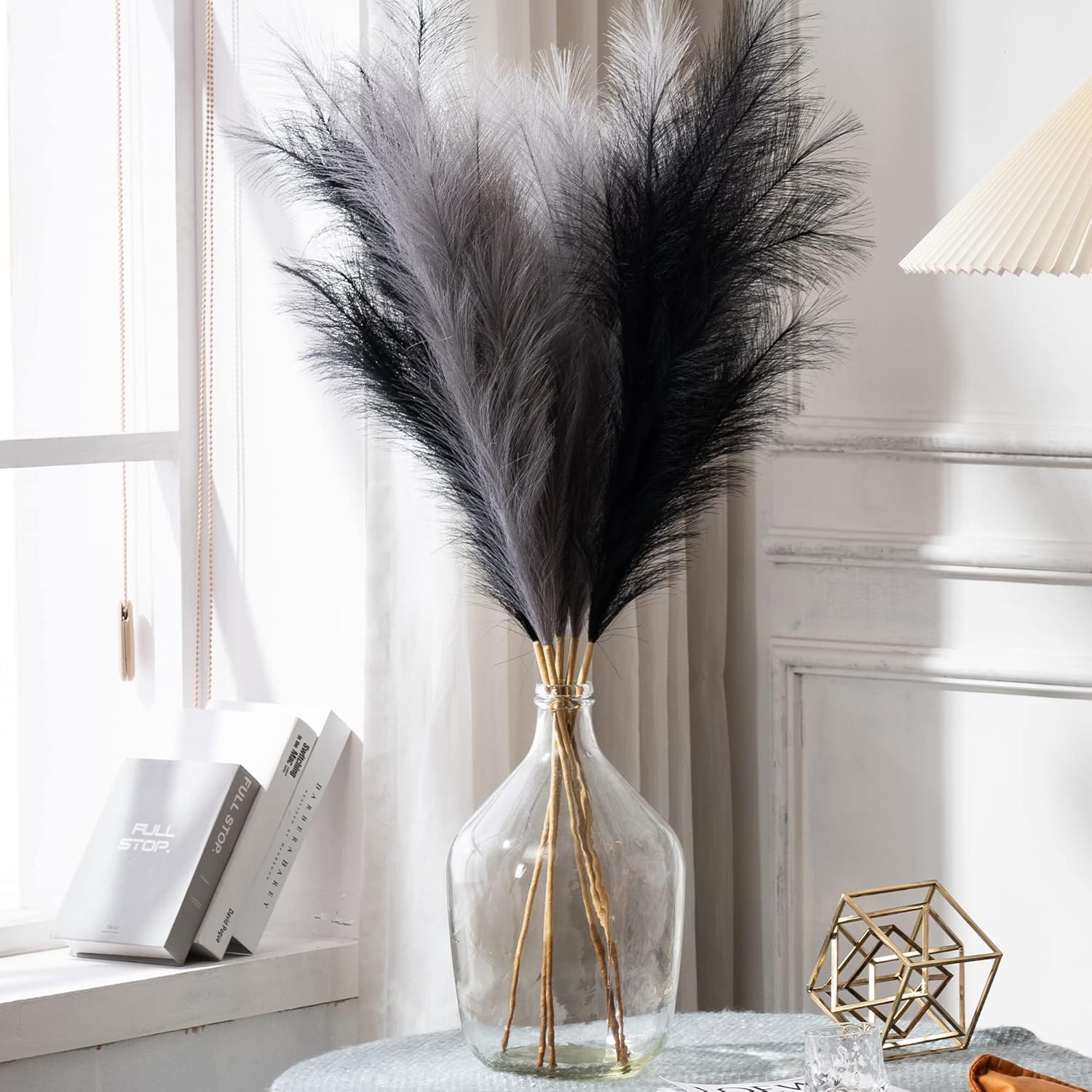 Dried & Preserved Flora - Acfruits 43.3''Faux Pampas Grass Tall Fluffy, 6 Pcs Black and Gray Pompas Grass Unique Detachable Design for Floor Vase and Small Vase, Large Artificial Dried Pampas Grass Branches for Boho Decor