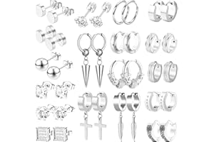 LASPERG Earrings for Men, 18 Pairs Mens Earrings Hoop Black Gold Silver Earrings for Men Stainless Steel Stud Cross Dangle Hoop Earrings Set Fashion Piercing Jewelry
