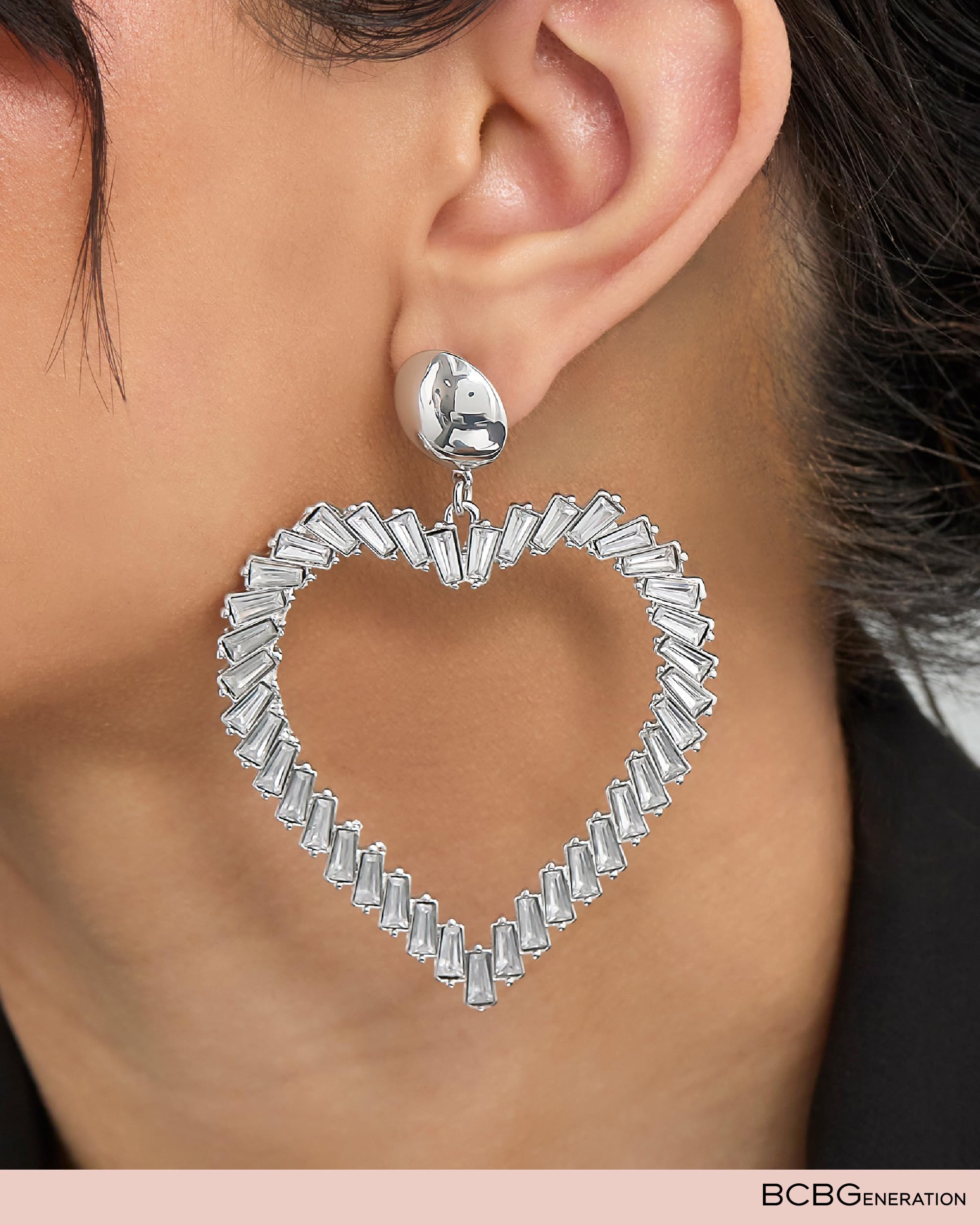 BCBGeneration Heart Earrings for Women, Large Drop Earrings with Clear Crystal Heart Pendant