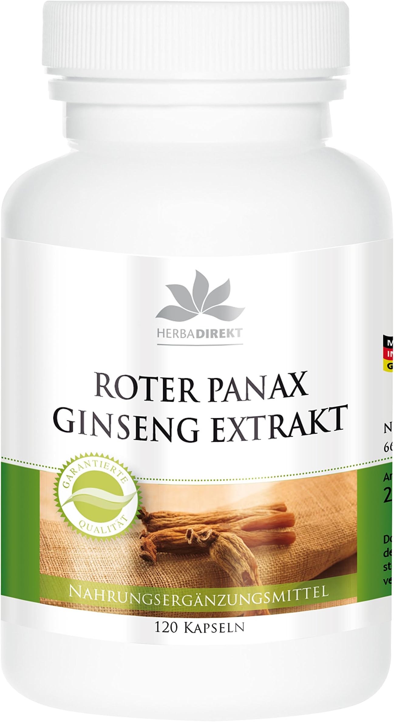 herba direkt Red panax Ginseng Extract 400mg, 20% ginsenosides, Vegan, 120 Capsules