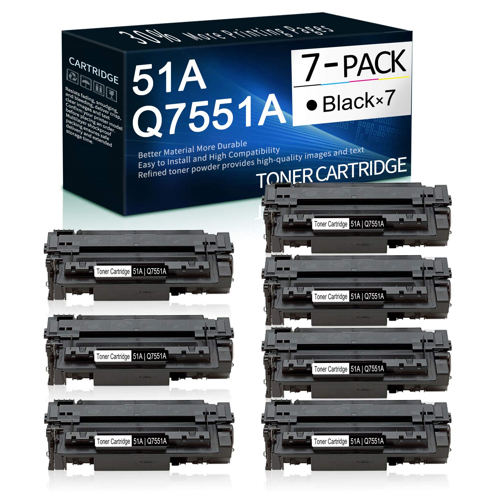 7 Pack Black 51A | Q7551A Toner Cartridge Replacement for HP Laserjet P3005(Q7812A) P3005d(Q7813A) P
