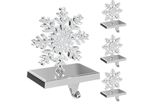 HOLLO STAR Christmas Stocking Holders for Mantle Set of 4, Snowflake Stocking Holders with Hot Glue Surface, Weighted Sliver Stocking Hangers, Mantle Christmas Decor, for Fireplace