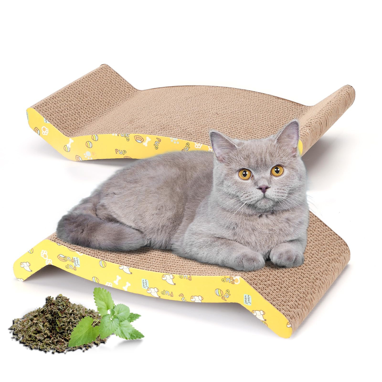 Nobleza 2Pcs Cat Scratching Board, Reversible Use Curved Shape Cat Scratcher with Catnip, High Density Corrugated Scratcher Cardboard, Durable Scratchers Pad Bed Sofa Lounger Set, Size 44*22*8 cm