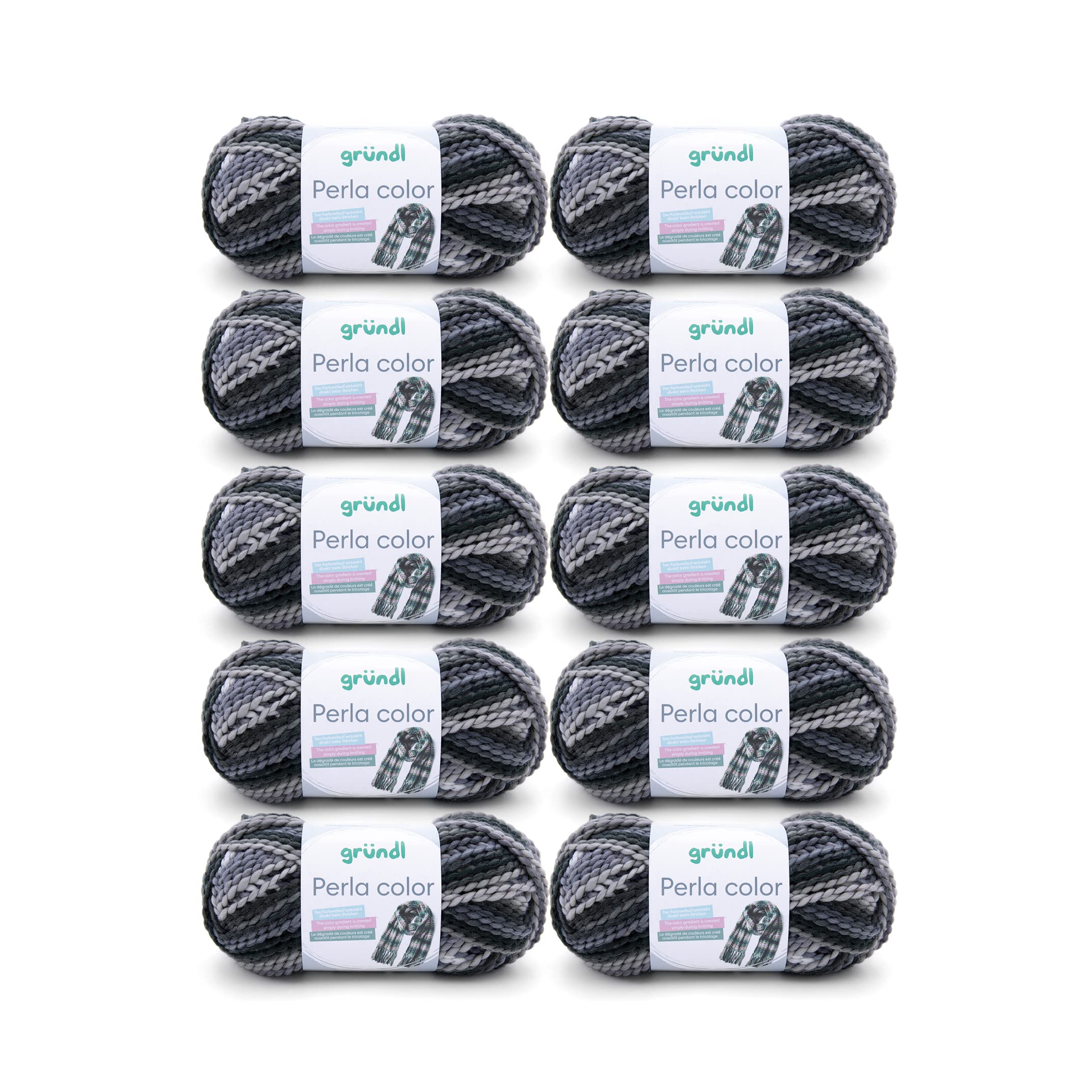 Gründl Perla Colour, value pack 10 balls, 100 g knitting wool, 100% Polyester, 100% Polyester, schwarz-grau multicolor, 39 x 20 x 8 cm