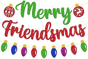 LEVVCIRKI Merry Friendsmas Banner Colorful Light Bulb Banner Good Friends Celebrate Merry Christmas Xmas Tree Santa Ugly Christmas Sweater Sign for Kids Boy Girl Xmas Holiday Party Decorations