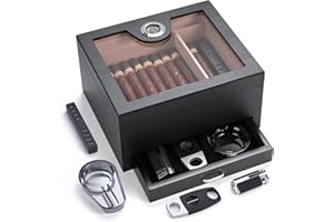 CINOROW Cigar Humidor with Accessories and Drawer, Spanish Cedar Lined Humidor Cigar Box for 25-50 Cigars with Digital Hygrometer, Humidifier, Ashtray, Cutter, Cigar Gifts for Men