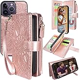 Harryshell Compatible with iPhone 13 Pro Max 6.7 inch 5G 2021 Wallet Case Detachable Magnetic Cover Zipper Cash Pocket Multi Card Slots Holder Wrist Strap Lanyard Floral Flower (Rose Gold)