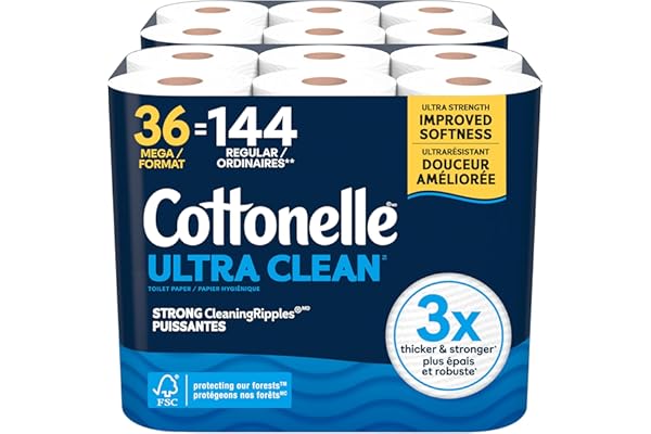 Cottonelle Toilet Paper, 36 Mega Rolls = 144 Regular Rolls (2 Packs of 18), Ultra Clean, Strong Bathroom Tissue, 284 Sheets p