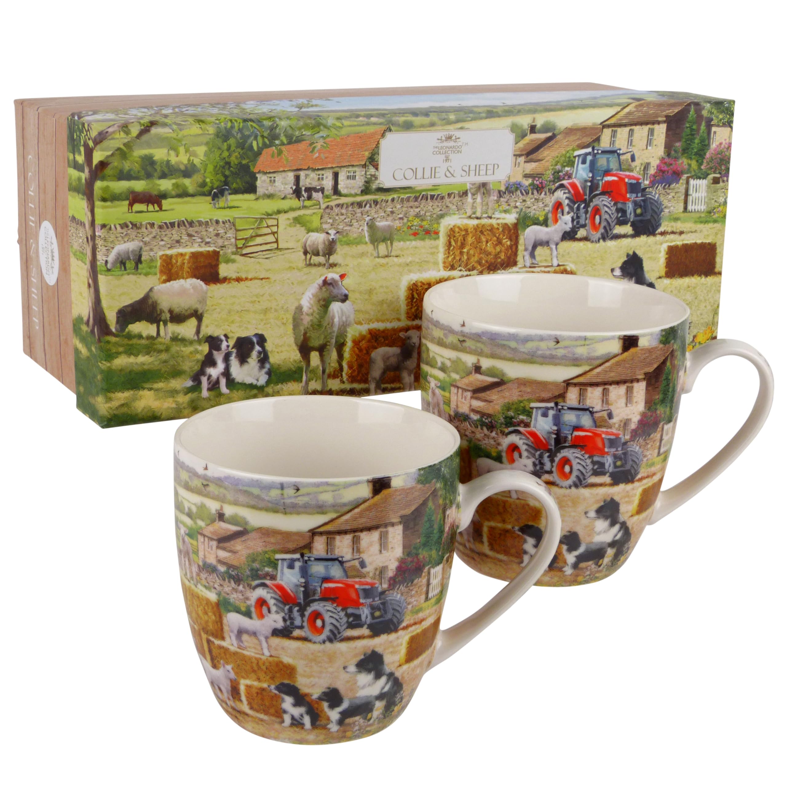 The Leonardo Collection Set of 2 China Mugs Collie and Sheep Farm Scene Gift Box