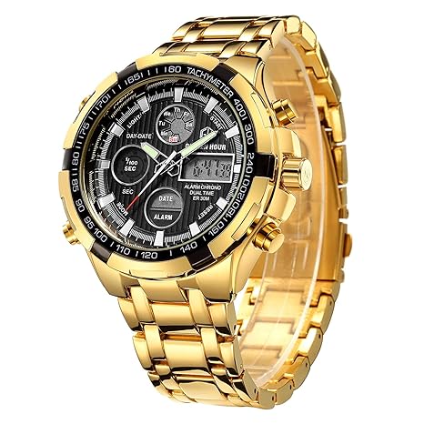 Luxus Mode Herren Uhren Edelstahl Schwer Klobig Sport Chronograph Wasserdicht Gold Zweifarbig Datum Alarm Multifunktions Analoge Digitale Uhr