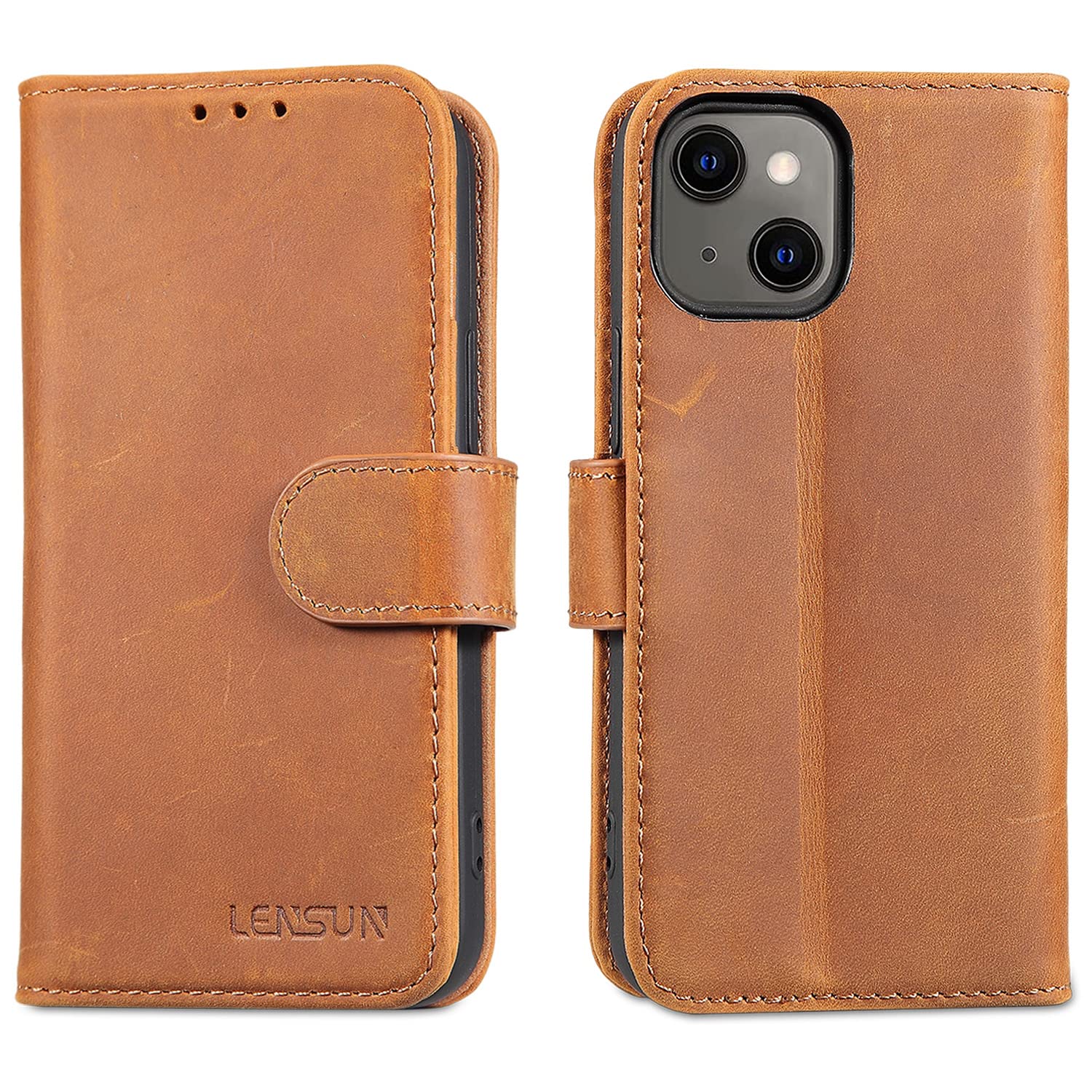 LENSUN Genuine Leather Case for iPhone 13 Mini, Phone Case [Genuine Leather] [Stand Function] [RFID Protection] Phone Pouch Flip Cover Leather Case for iPhone 13 Mini - Vintage Brown — image 1