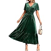 Simplee Womens Fall Velvet Dress Short Sleeve V Neck Floral Maxi Dress Long Formal Winter Wedding Guest Dresses