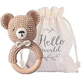 Wooden Baby Rattle Crochet Bear Baby Toys Handmade Newborn Toy Early Development Grips Stuffed Animal Organic Rattle (Bear)