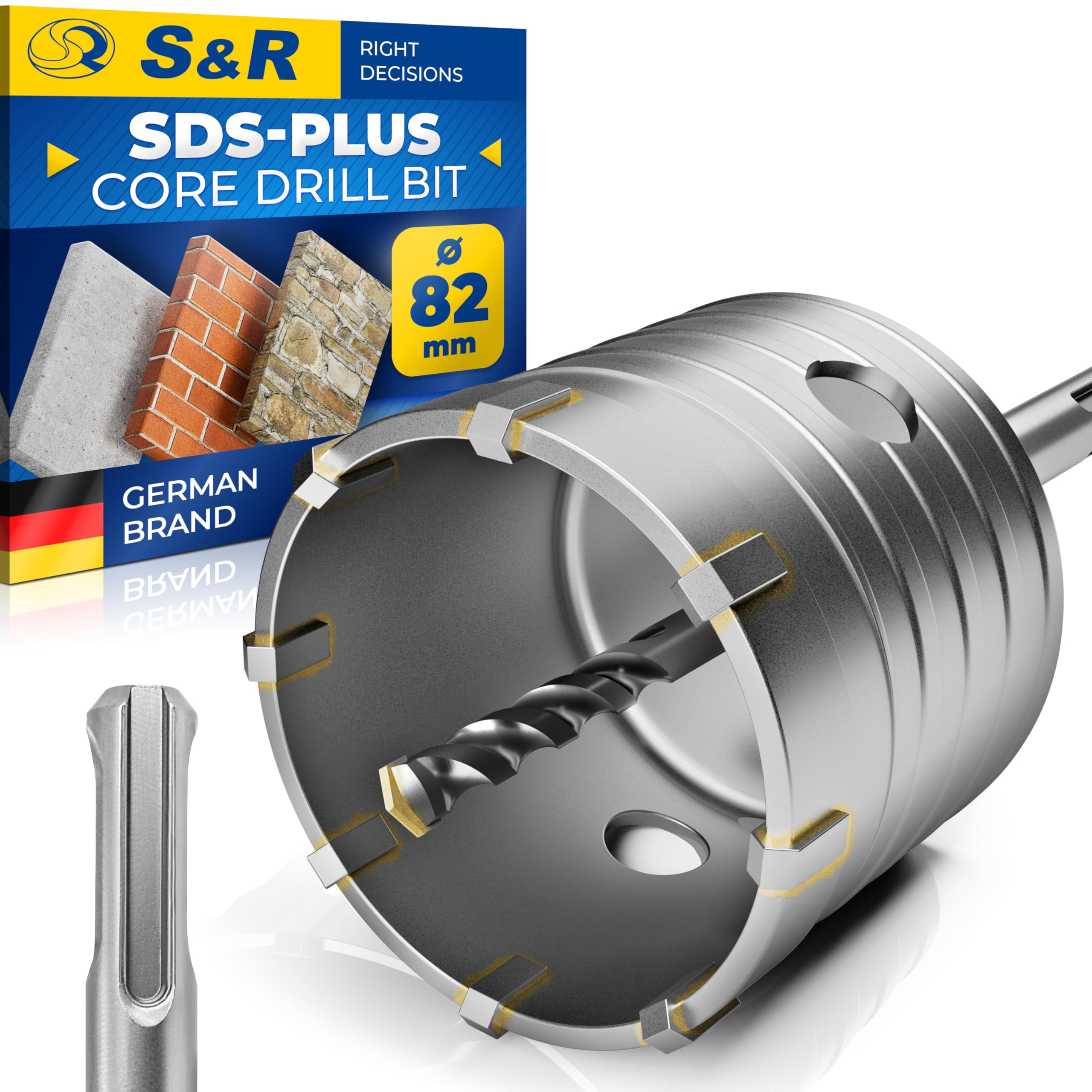 S&R Core drill Bit/Concrete Hole Saw Set Ø 82mm + SDS PLUS Adapter + centering point 8x110 mm