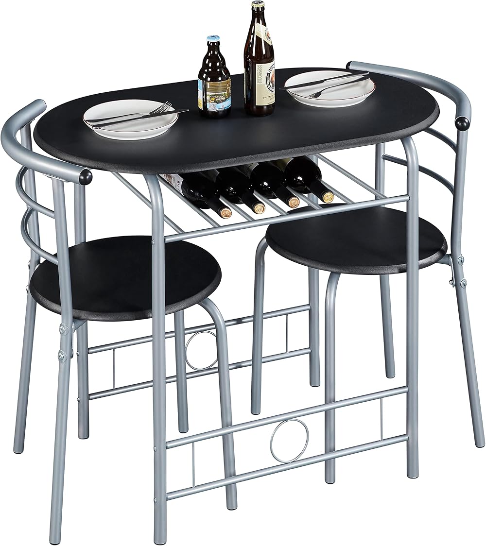 Yaheetech 3 Piece Dining Set Modern Round Table 2 Chairs Wine Rack Black