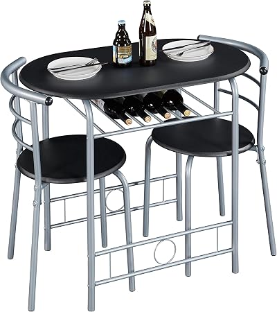 Yaheetech 3 Piece Dining Set Modern Round Table 2 Chairs Wine Rack Black