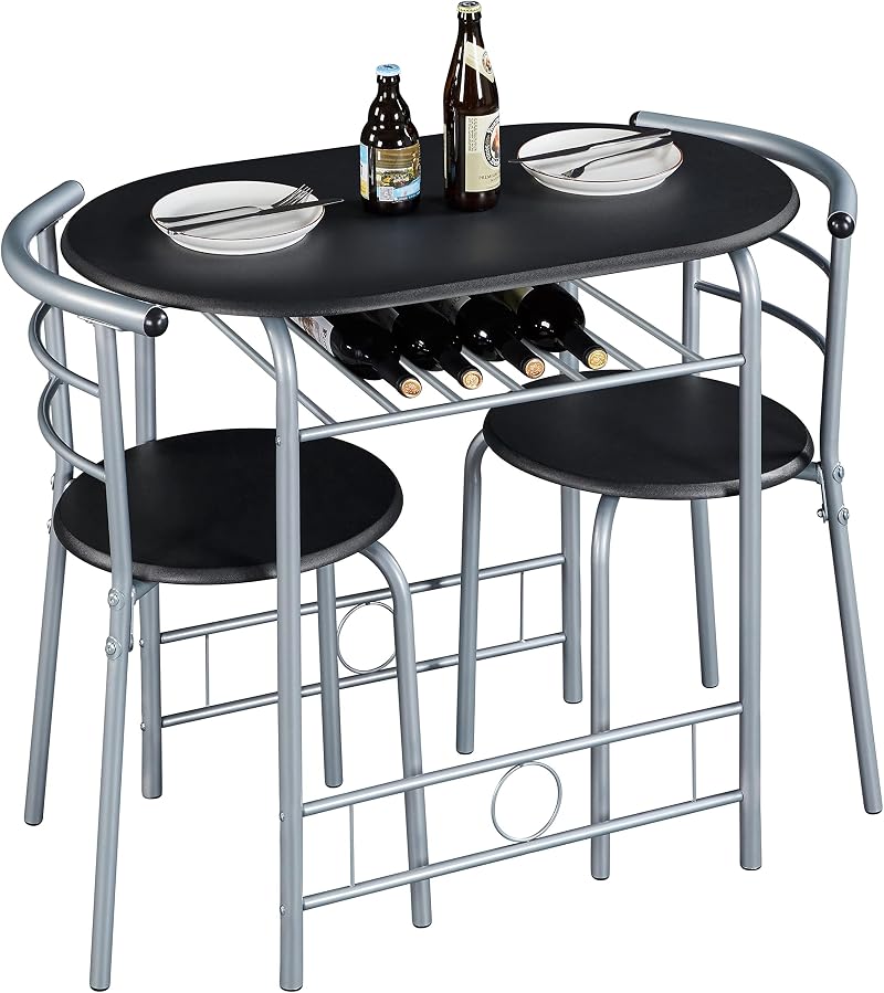 Yaheetech 3 Piece Dining Set Modern Round Table 2 Chairs Wine Rack Black