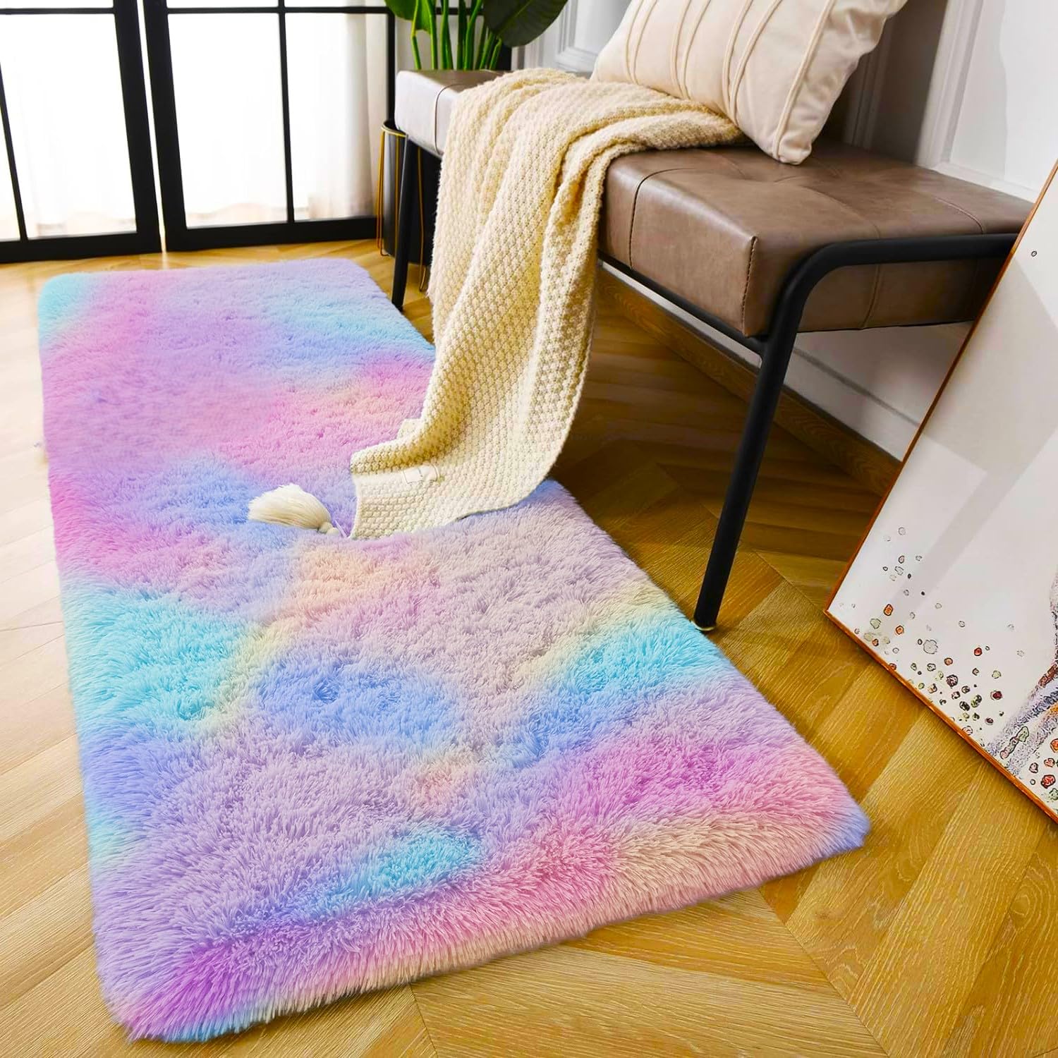 AMEHA Rainbow Shaggy Runner Rug 60x220 cm Colorful Fluffy Soft Non Slip Long Hallway Rugs for Nursery Kids Room Non-Shedding