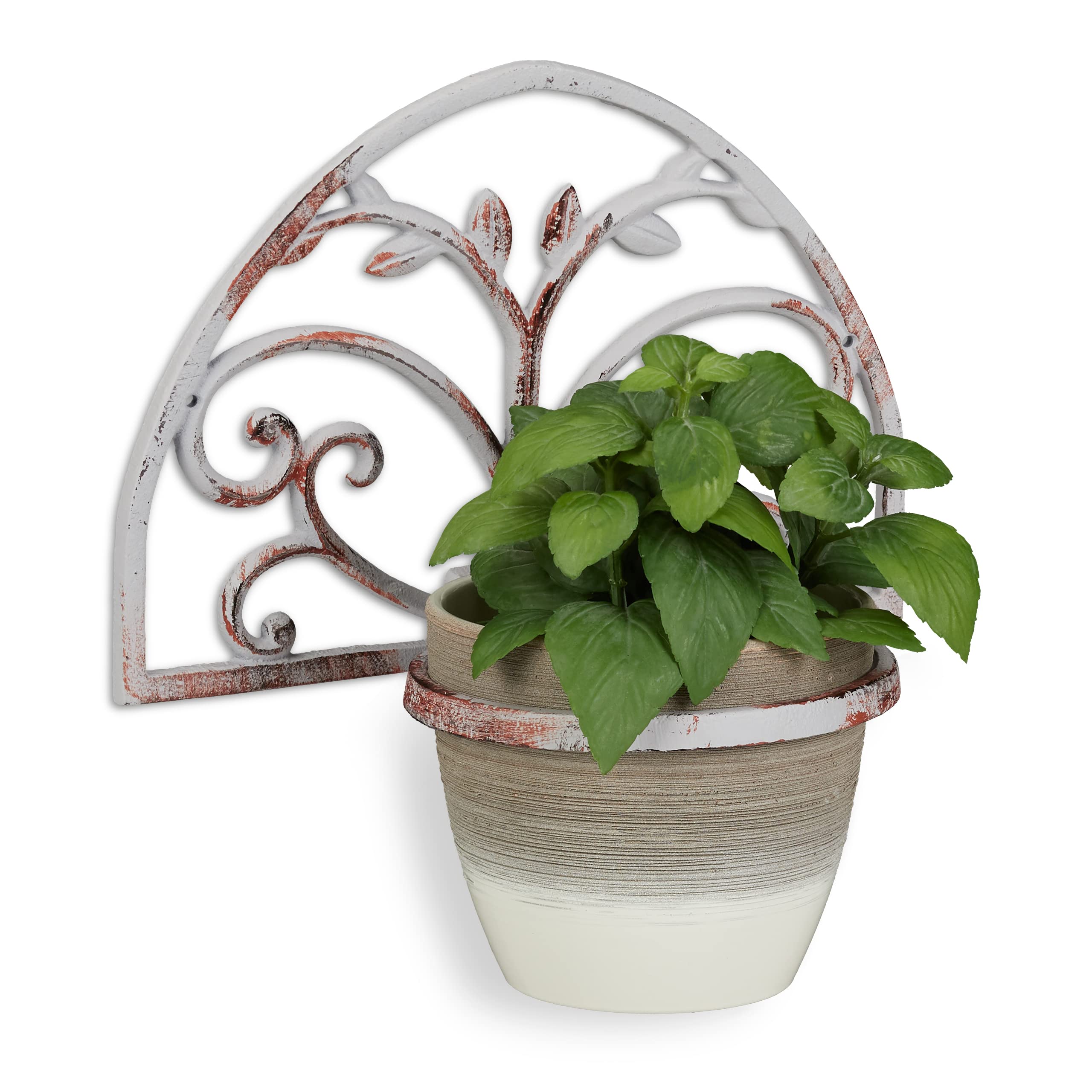 Relaxdays Wall Flower Rack, Cast Iron, Antique Shabby Look, Plant Pot Holder, Decorative, for Outside, Ø 14.5 cm, White