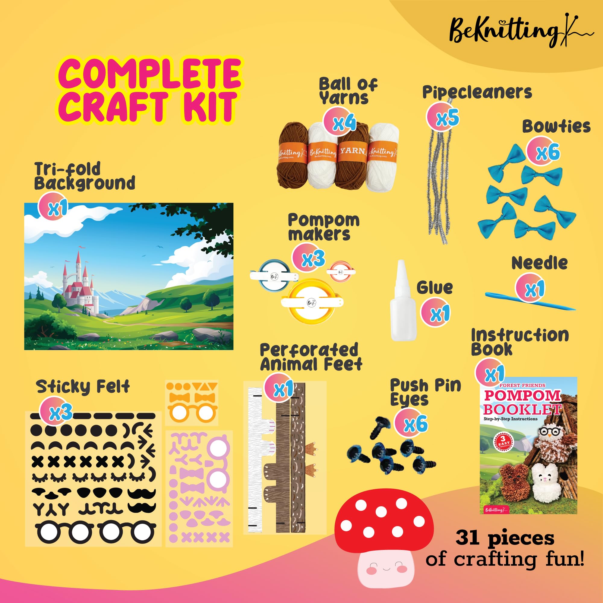 BeKnitting Pompom Maker DIY Craft Kit for Kids - Complete with Yarn, Pom pom Makers, & Stickers