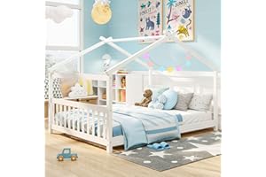 Giantex Full Size Floor Bed, Solid Wood Montessori House Bed with Roof, Headboard and Footboard, Low Full Bed Frame for Kids Teens Girls Boys, No Box Spring Needed, White