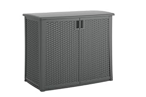 Suncast Plastic Outdoor Storage Cabinet Waterproof, Cool Gray Wicker Resin Outdoor Cabinet, Weatherproof, Lockable Outside Storage for Patio, Deck, Balcony, Porch, Backyard, or Garden, Made in the USA