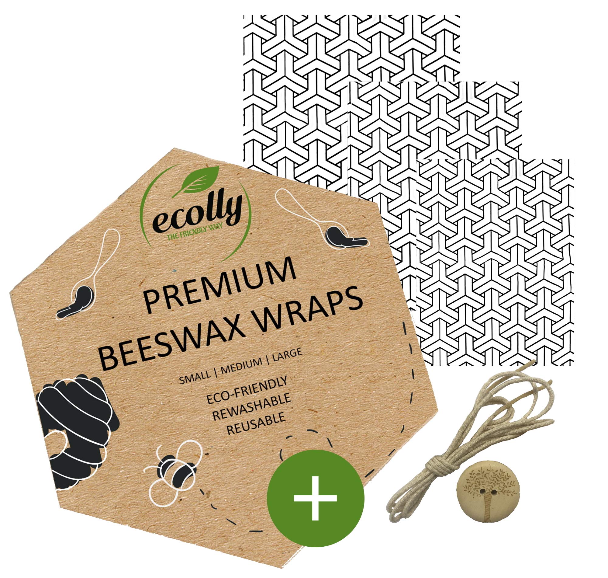 ecolly Premium Beeswax Wraps - Set of 3 (S, M, L), Beeswax Wipes, Beeswax Paper, Free of plastic & reusable, without jojoba oil, incl. wooden button & cotton thread - Shoji Kumiko