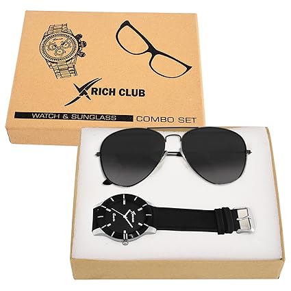 Black Leather Strap Mens Watch with Aviator Sunglass