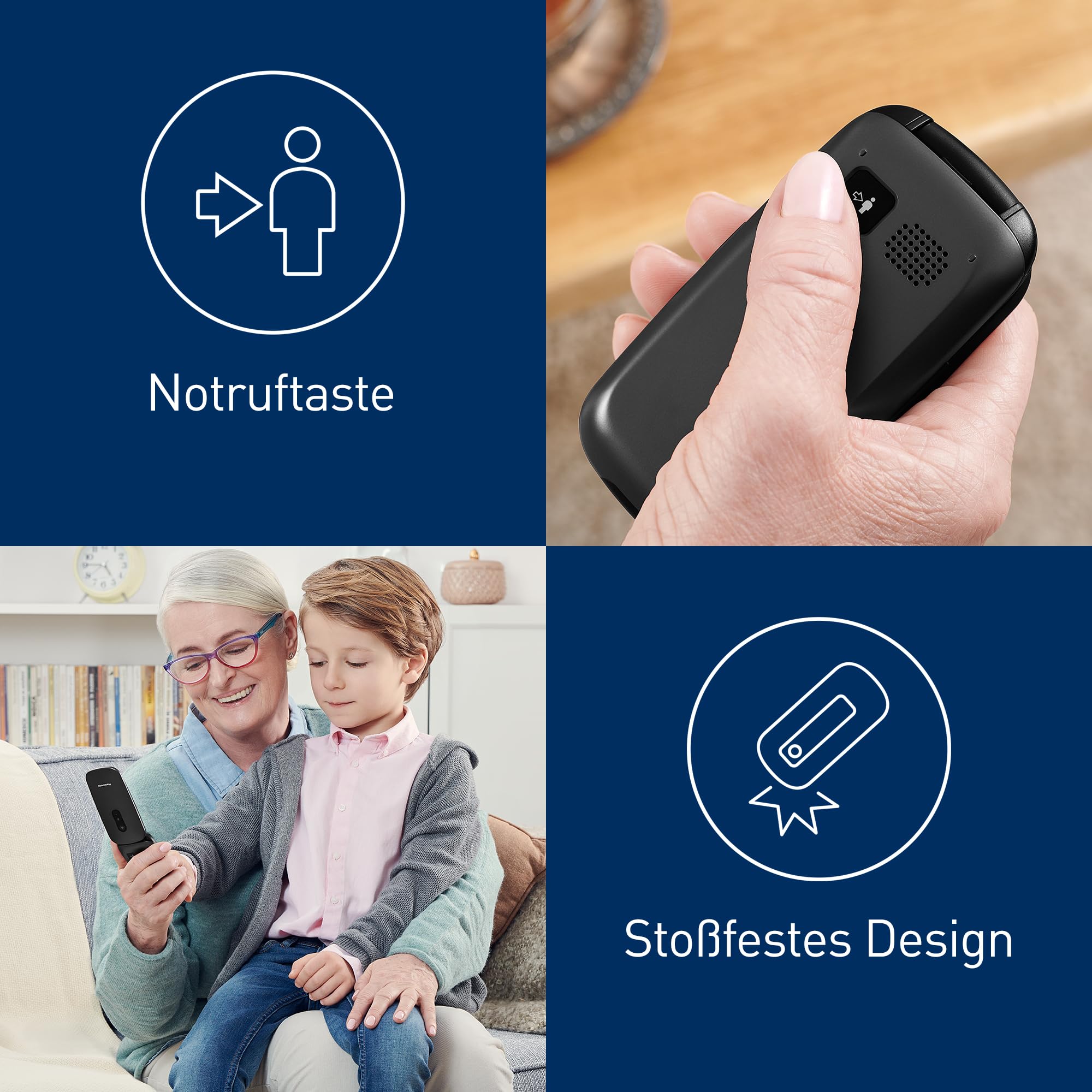 Panasonic KX-TU446EXB 2G Seniorenhandy ohne Vertrag(SOS-Notruftaste, Stoßfest, Sprachverstärker, große getrennte Tasten, große Schrift und Nummernanzeige, 2,4 Zoll Farbdisplay, Klapphandy, Schwarz