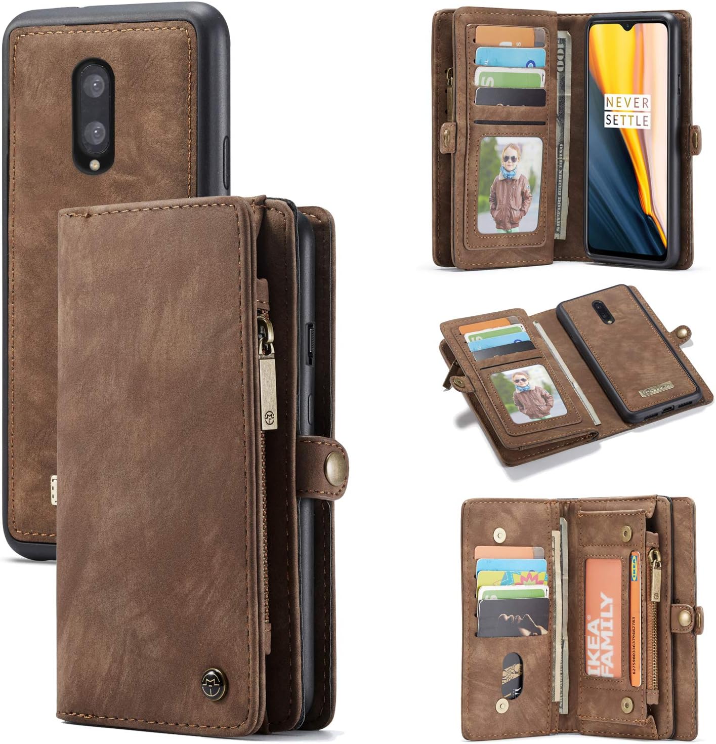 AKHVRS OnePlus 7 Pro Case Wallet, Handmade Premium Cowhide Leather Wallet Case,Zipper Wallet Case [Magnetic Closure] Detachable Magnetic Case & Card Slots for OnePlus 7 Pro (Brown)