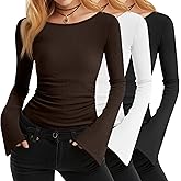 JoyMotion Women's 3 Pack Bell Sleeve Shirts 92% Cotton Boat Neck Long Sleeve Tops Fall Y2k Clothes Slim Fit Ribbed Ruched Tee