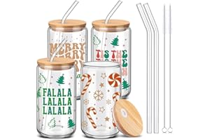 SiliFine 4 Pcs Christmas Glass Cups with Lids and Straws 16 oz Christmas Drinking Glasses Iced Coffee Cups Xmas Can Shape Mug Tumbler for Xmas Appreciation Gifts Birthday Party Favors(Brown Green)