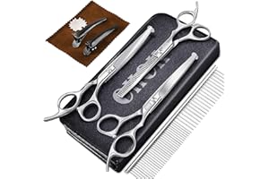 CIICII Dog Grooming Scissors Kit, 7.5 Inch Professional Pet Grooming Scissors Set with Safety Round Tip (Dog/Cat Hair Thinning Trimming Cutting Shears with Curved Scissors) for DIY Home Salon (Silver)