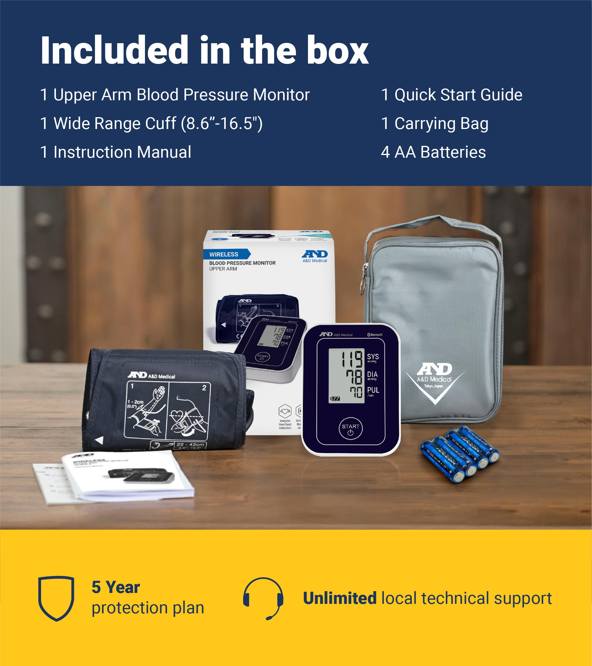 A&D Medical Bluetooth Blood Pressure Monitor for Home Use, UA-651BLE – Upper Arm Precise BP Machine – Wide Range Cuff (8.6” / 22-42cm), App is iOS & Android Compatible, AA Batteries