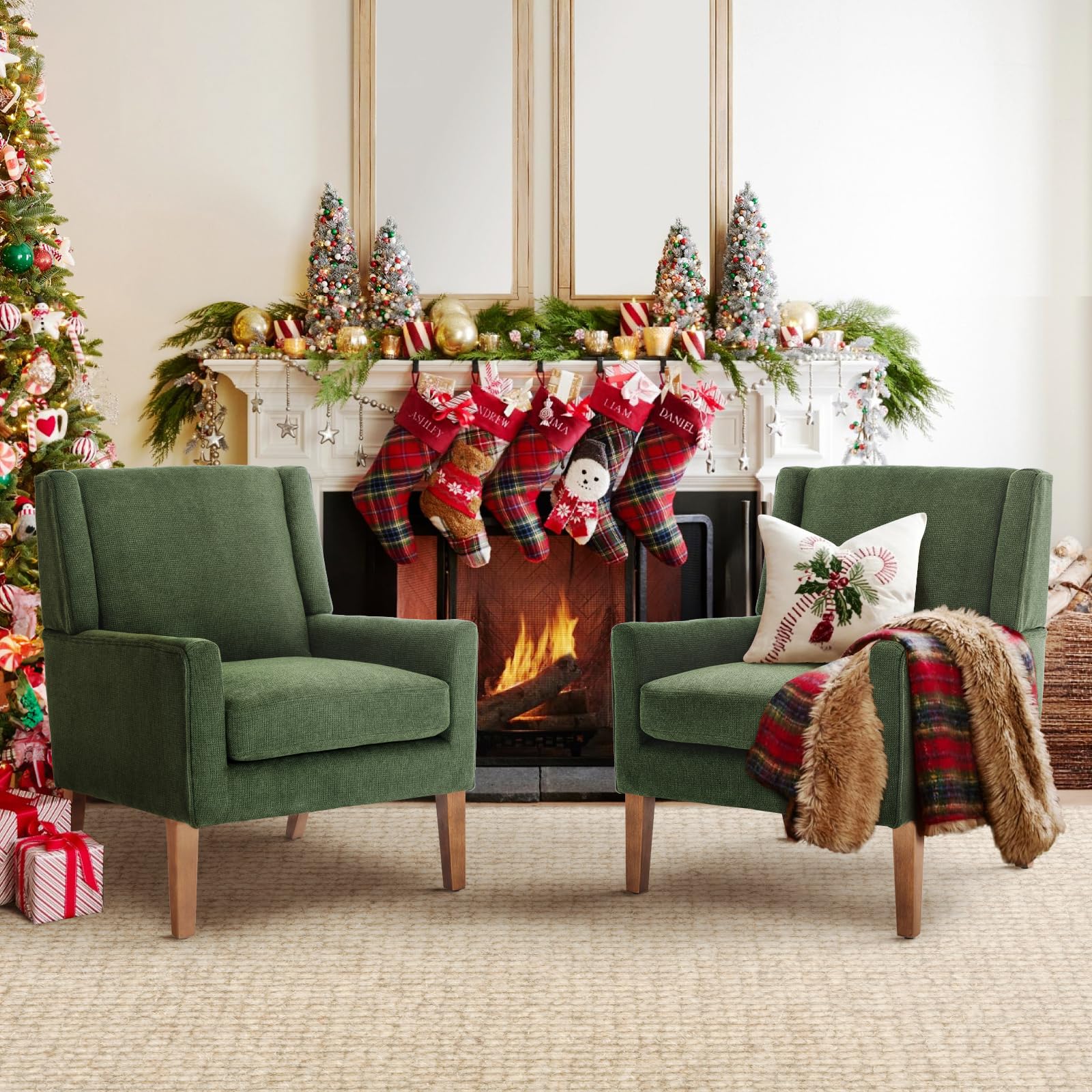 Photo 1 of ** USED** COLAMY Modern Wingback Living Room Chair Set of 2, Upholstered Fabric Accent Armchair, Single Sofa Chair with Lounge Seat and Wood Legs for Bedroom/Office/Reading Spaces, Green