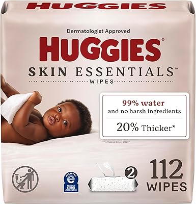 Huggies Skin Essentials Baby Wipes, Hypoallergenic, 99% Water, 2 Flip Top Packs (112 Wipes Total)